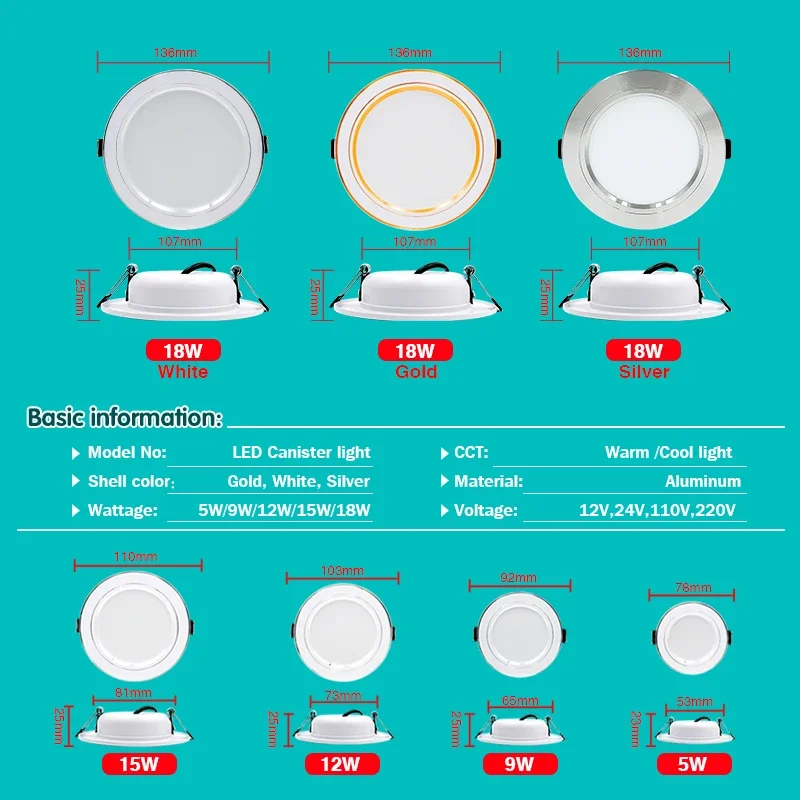 10pcs/lot LED Downlight Gold/Silver/White Body 5W 9W 12W 15W 18W Round Led Ceiling Light 12V 24V 110V 220V Indoor LED Lighting