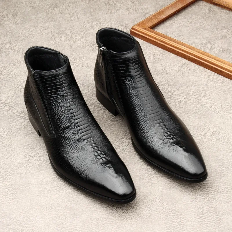 New Crocodile Pattern Men Ankle Boots Luxury Genuine Leather Handmade Designer Black Zipper Pointed Fashion Black Warm Shoes Man