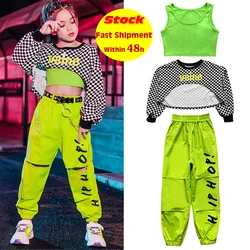 Girls Hip Hop Clothing Jazz Costume Lattice Tops Fluorescent Green Pants Modern Show Outfit Rave Hip Hop Clothes Kids Wear L5299