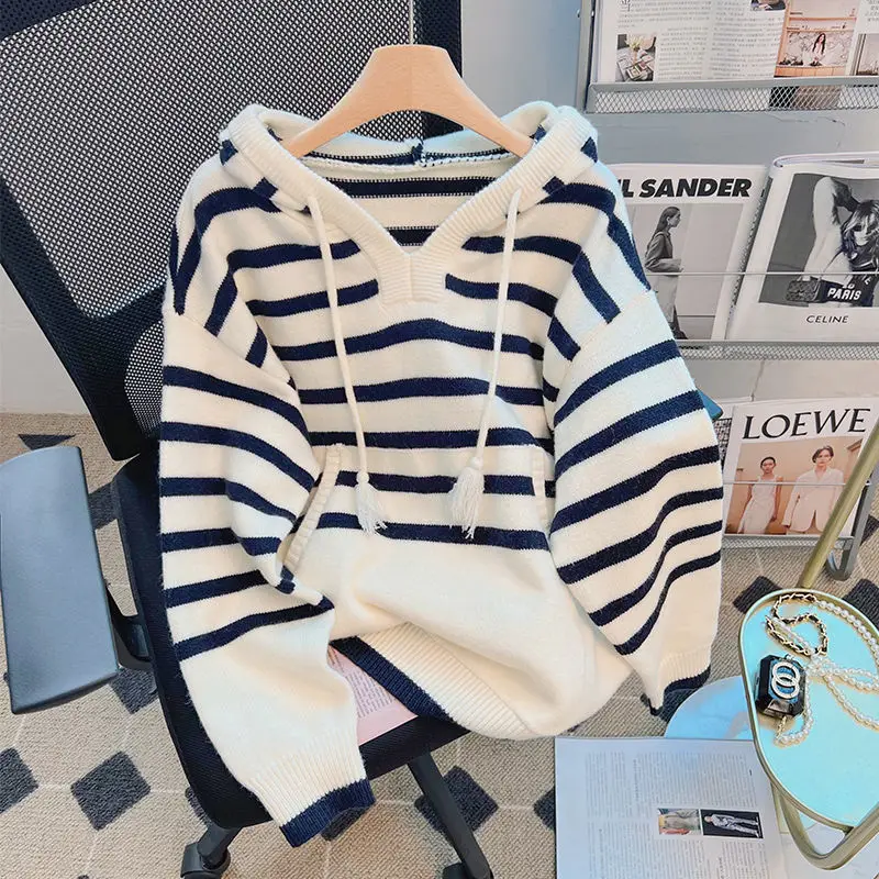 Women Sweater Winter Zebra Striped Loose Hoodie Designer Korean Fashion Knitting Pullover Autumn Sweater Top Women Clothes