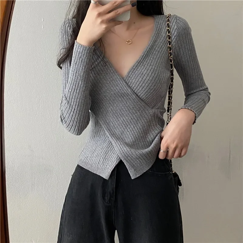 Herfst Winter Knitwear Tops Mode Vrouwelijke Lange Mouw Skinny Elastische Casual V-hals Gebreide Shirts Dames Trui Truien