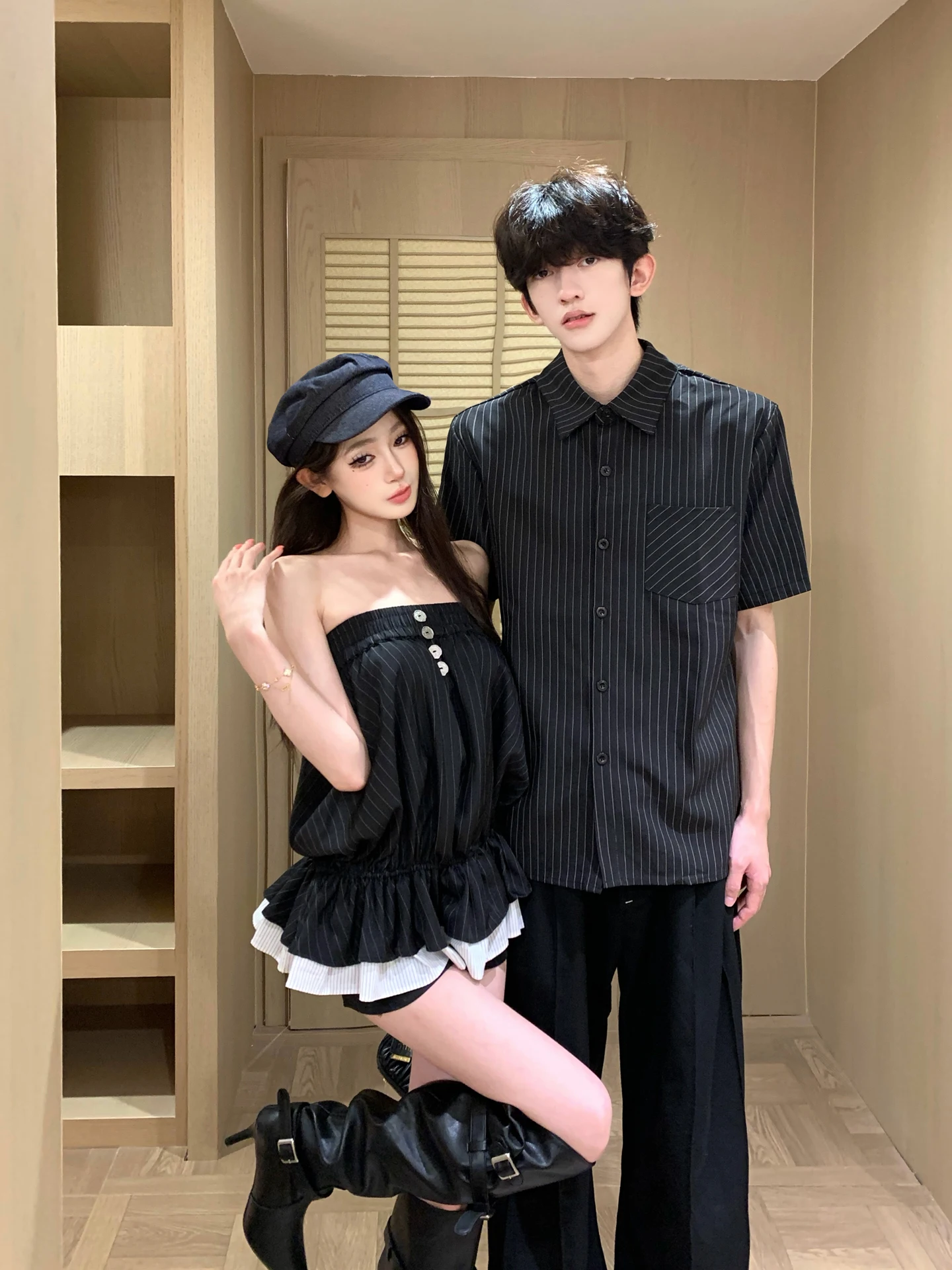 

Summer Short Sleeve Striped Shirt Couple Outfit Hot Girl Set Puffy Flower Skirt Sexy Girl Ensemble Standard Fit Splice Craft