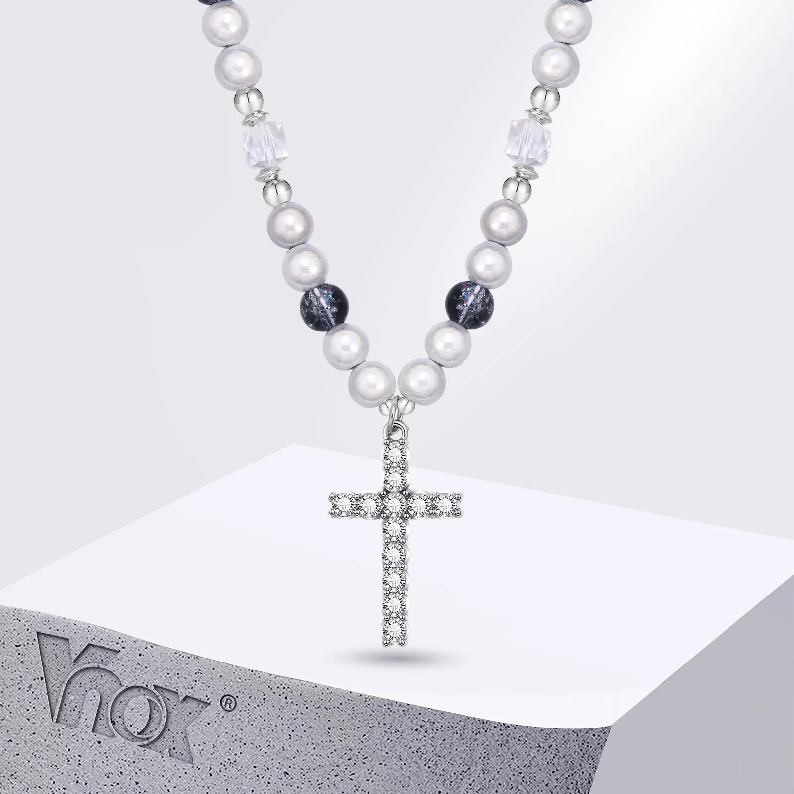 

Vnox Simulated Pearl Chain Crystal Cross Pendant Necklaces for Women Men, White Round Beads Choker Necklace HipHop Cross Jewelry