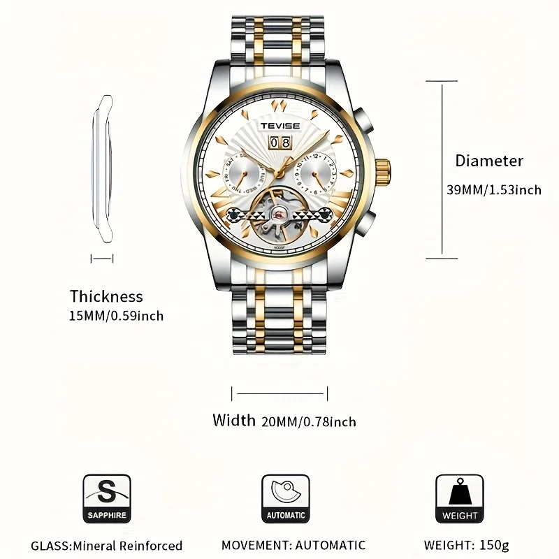 TEVISE Orologio meccanico automatico da uomo Calendario Settimana Lancette luminose in acciaio inossidabile Orologio da polso da lavoro alla moda delle migliori marche