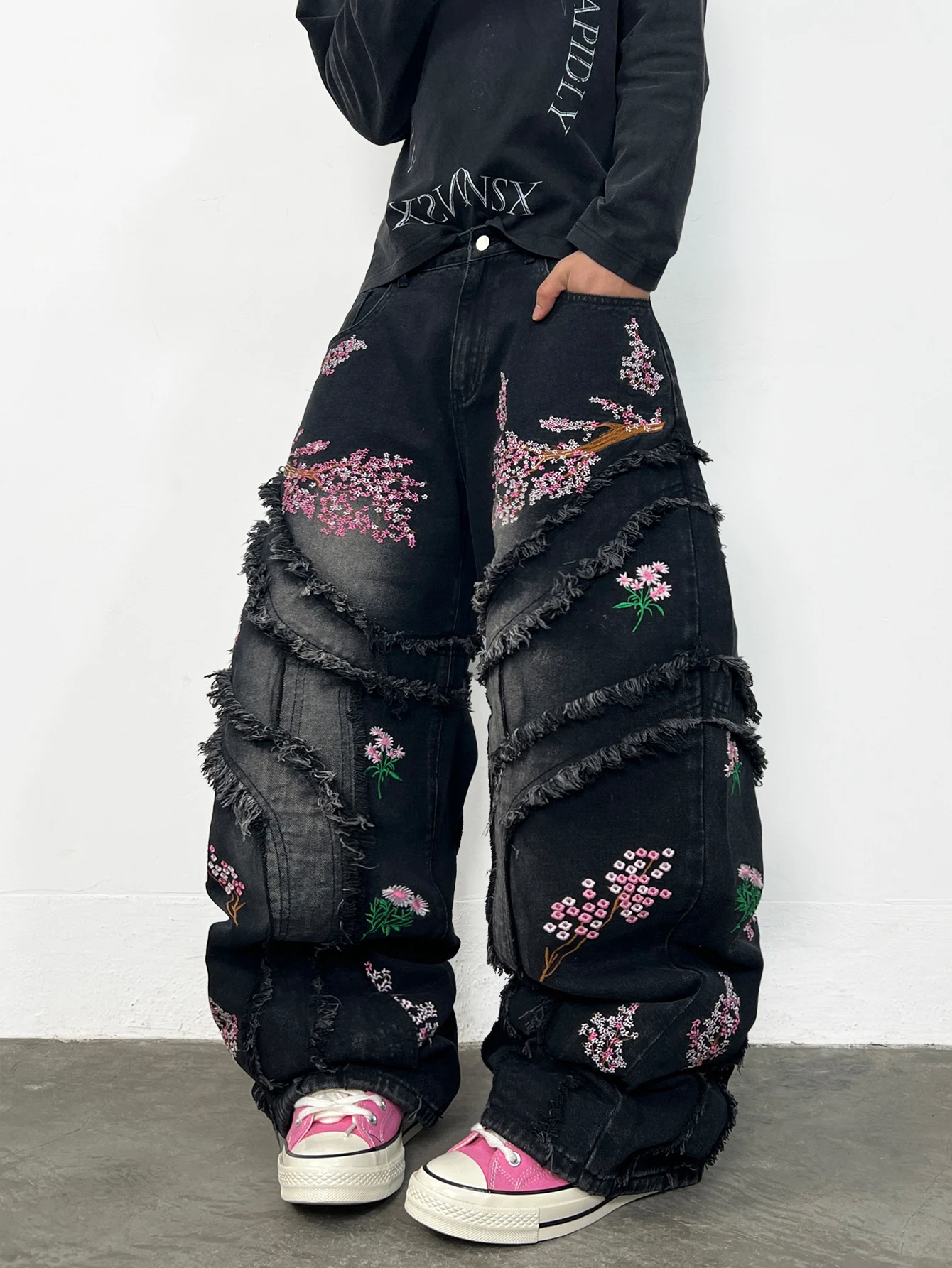 American Vintage Raw-Edge Patchwork Floral Embroidery Design Baggy Jeans Men Y2K Street Trend Fashion Versatile Wide-Leg Pants