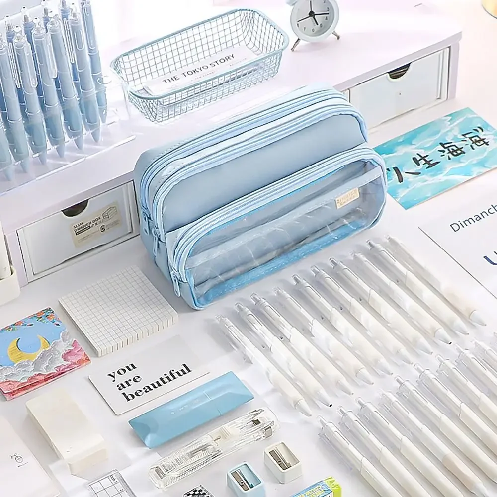 Pencil Case Large Capacity Schoolgirl Stationery Box Transparent Pocket Storage Pouch Stationery Bag Multifunctional Pencil Bags