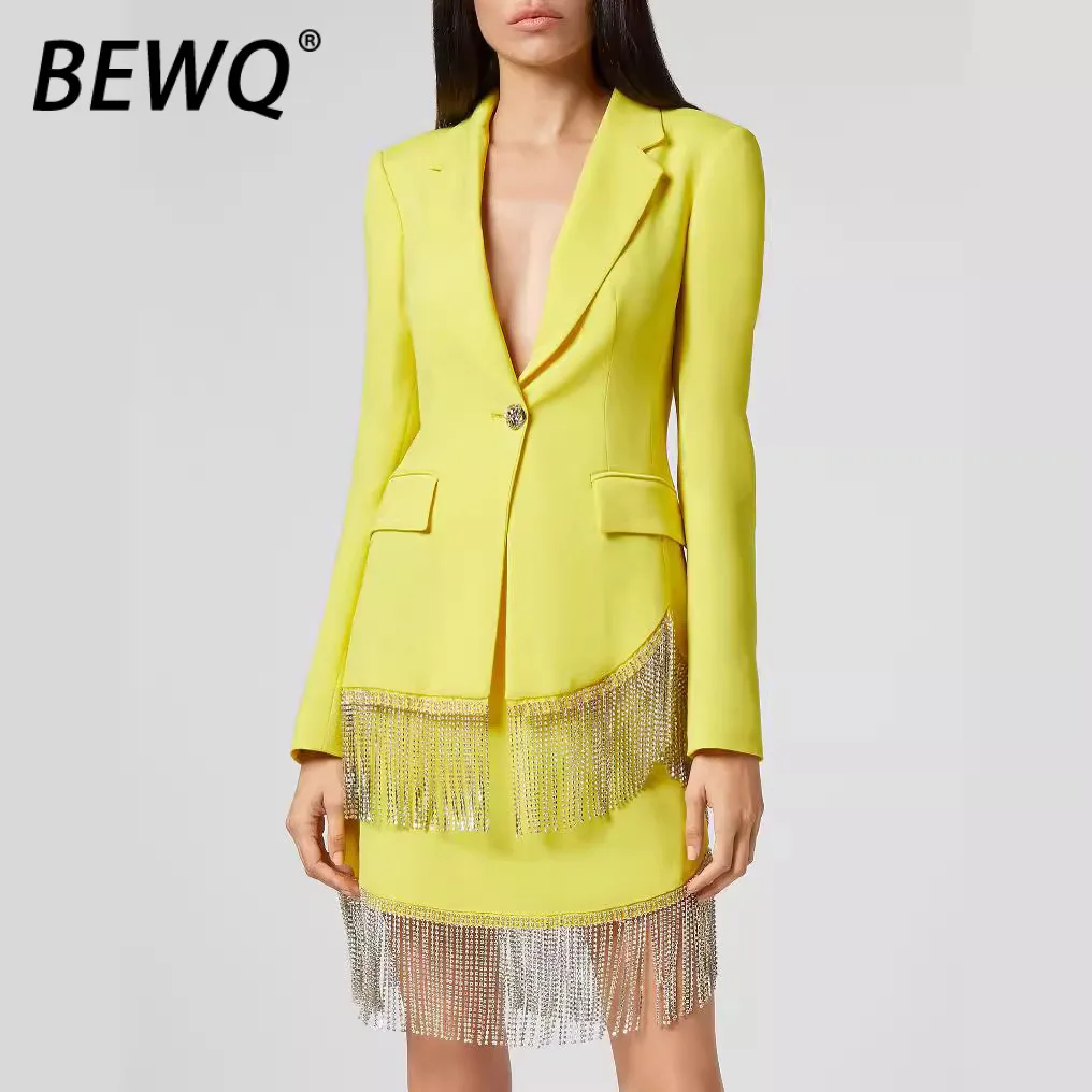 

BEWQ модный женский комплект из 2 предметов с зубчатым воротником, длинным рукавом, на одной пуговице, на талии, блейзер с кисточками, короткая юбка, костюм для вечеринки, осень 2022, новинка