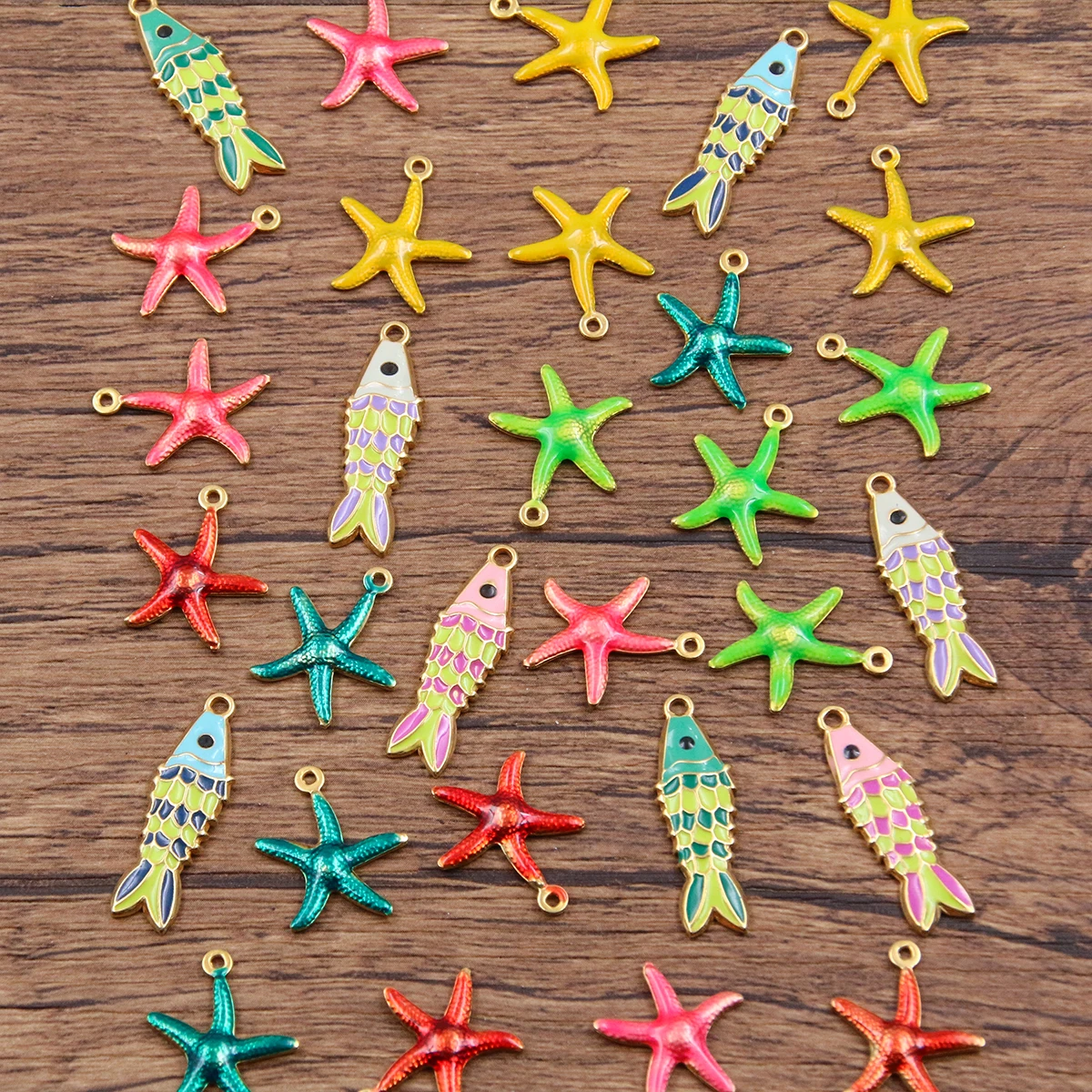 5Pcs 2 Style Multicolor Drip Oil Stainless Steel Animal Pendant Fish Starfish Charm DIY Necklace For Jewelry Making