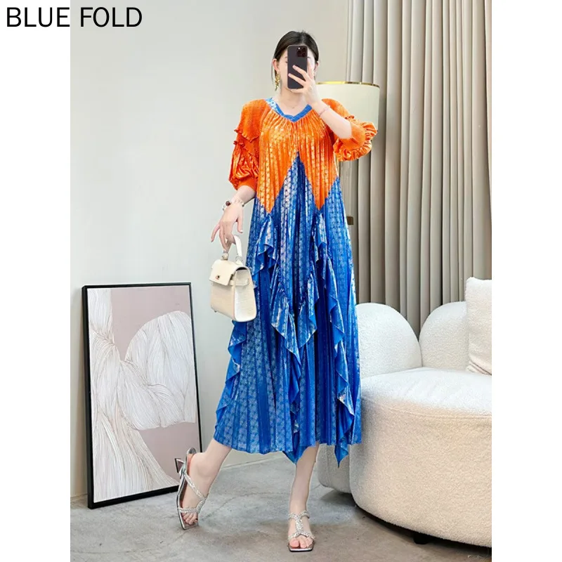 

MIYAKE Heavy-duty Summer Resort Dress Sense Design Lotus Leaf Hem Fringed Pleats Gold-printed