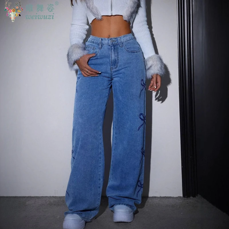 الدنيم السراويل النسائية القوس طباعة الجينز Y2K عالية الخصر السراويل السببية مستقيم بنطلون خمر الطابق طول الشارع الشهير بنطال ذو قصة أرجل واسعة