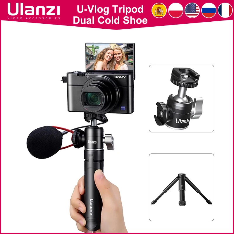 Ulanzi Mini Vlog Tripod Dual Cold Shoe Ballhead for Microphone LED Light Extend Smartphone Tripod for Sony A6400 Photography kit