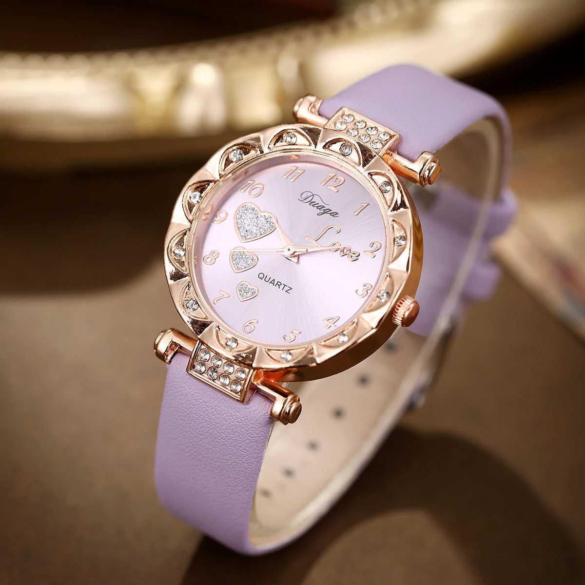 5PCS Women\'s Light Purple Diamond studded Dial Fashion Versatile Leather Watch