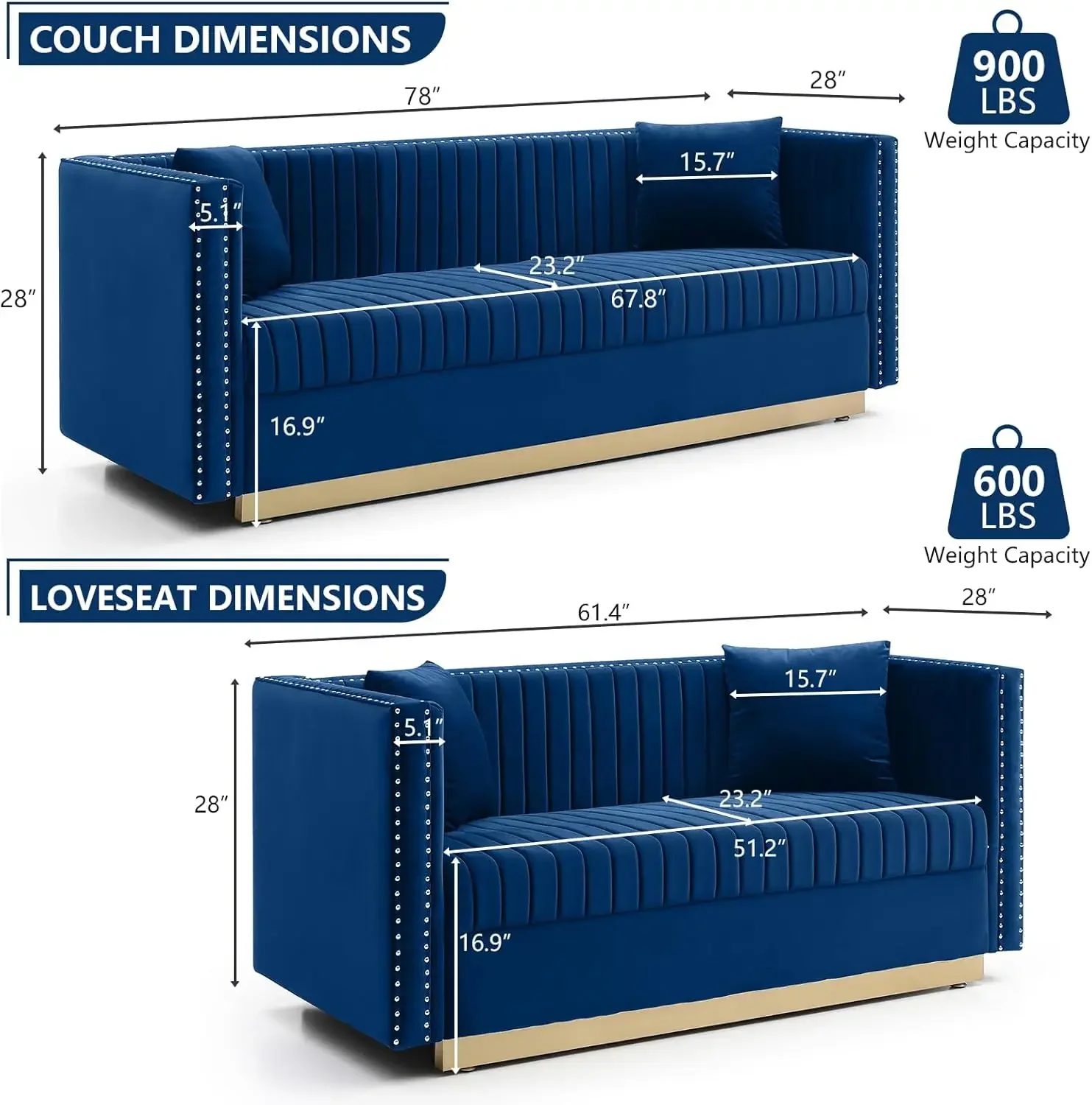 2 Piece Sofa Set, Velvet Couch and Loveseat Sets, Modern Channel Tufted Living Room Furniture Set