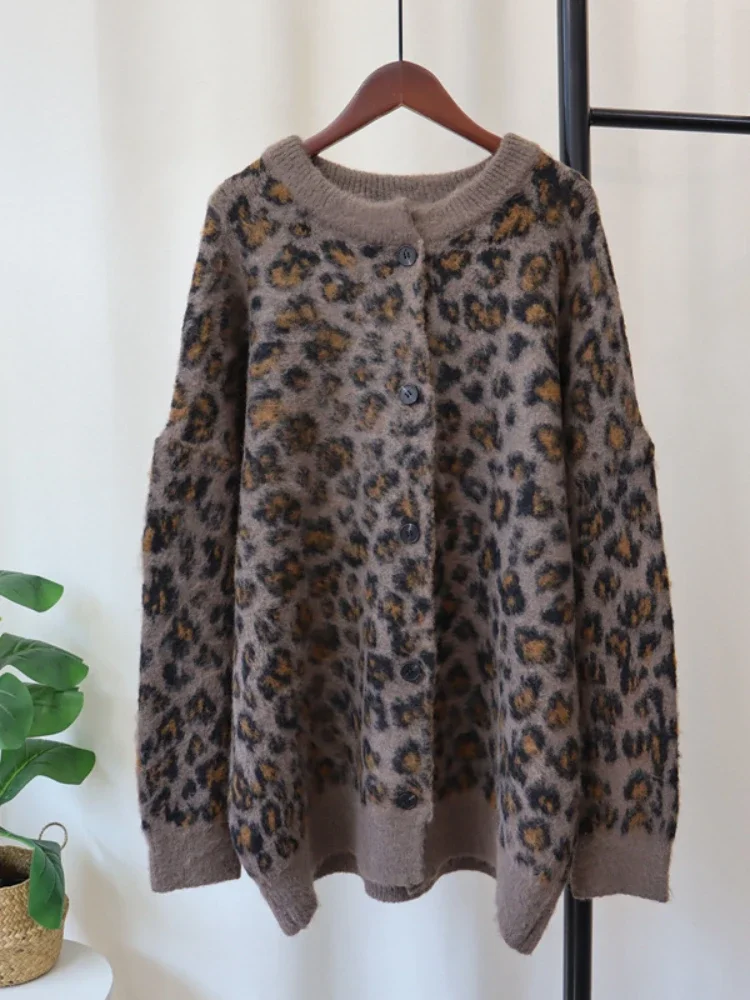 Autumn Winter New Fashion Mid-length Retro Leopard Print Knitted Cardigan Soft Waxy Loose Elegant Style Sweater Coat Women