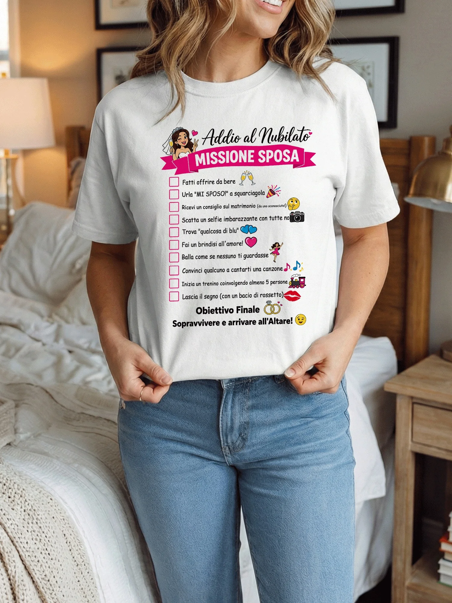 

Bachelorette Party T-Shirt Bride Checklist Fun Italian Missions White Shirt Cute Perfect Gift Idea for Bride to Be Party Outfits