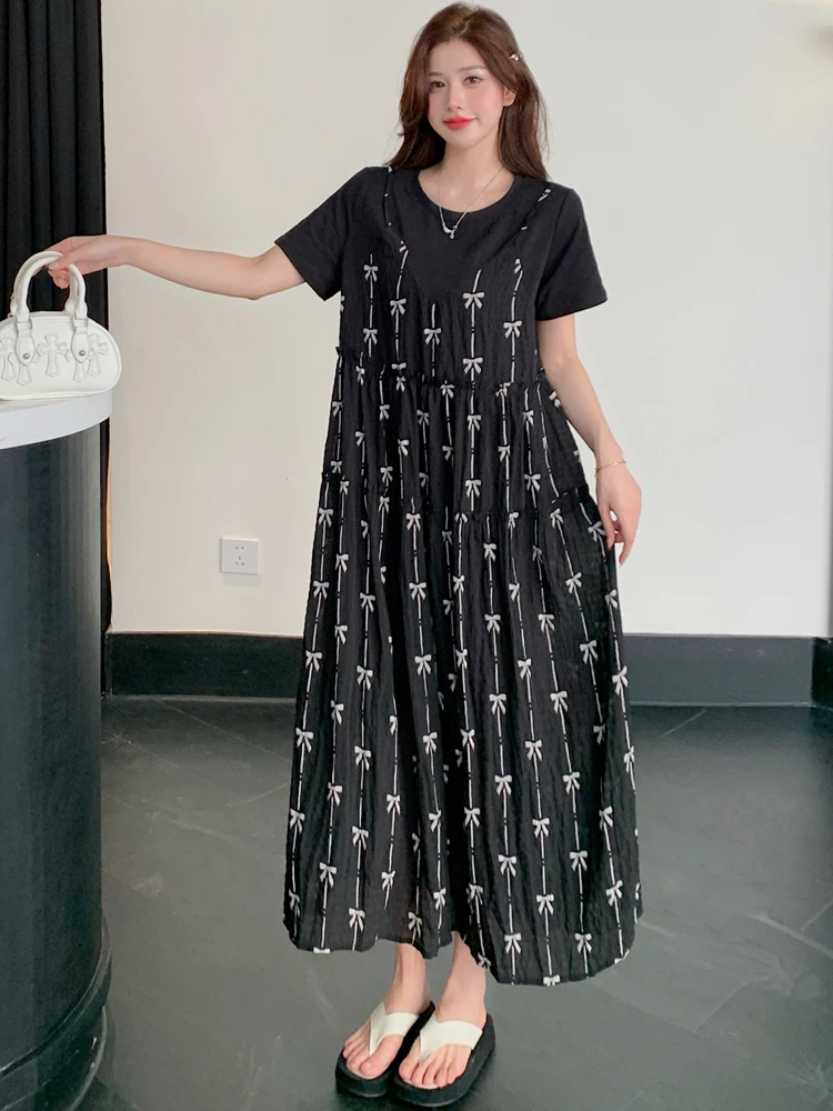 فستان نسائي مقاس كبير من NYFS لصيف 2025 فستان فضفاض بفيونكة مزيفة طويلة رداء Elbise بأكمام قصيرة على الطراز الكوري #3