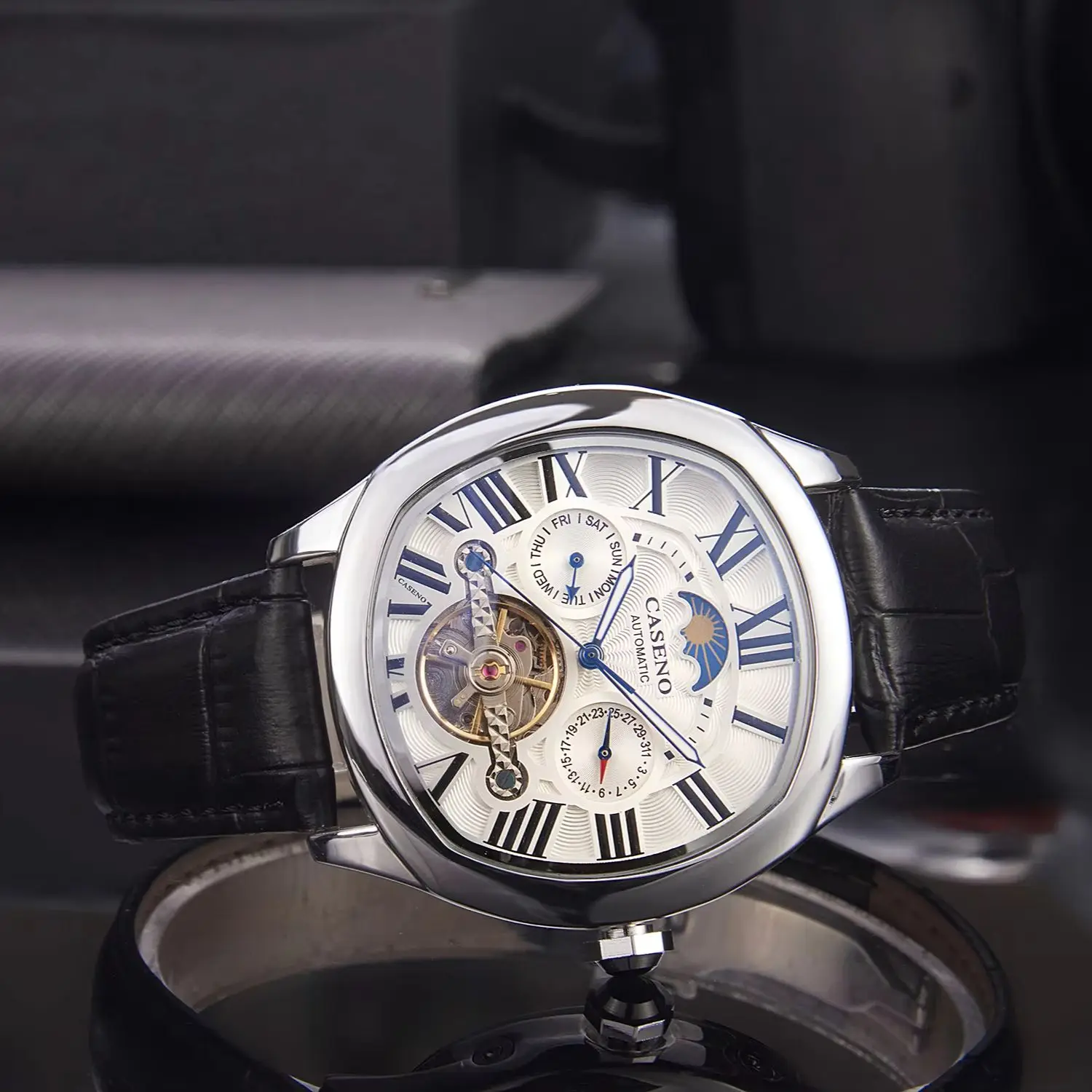 CASENO Men's Luxury Waterproof Business Moon Phase Fully Automatic Multi Functional Flywheel Belt Mechanical Watch -2913G