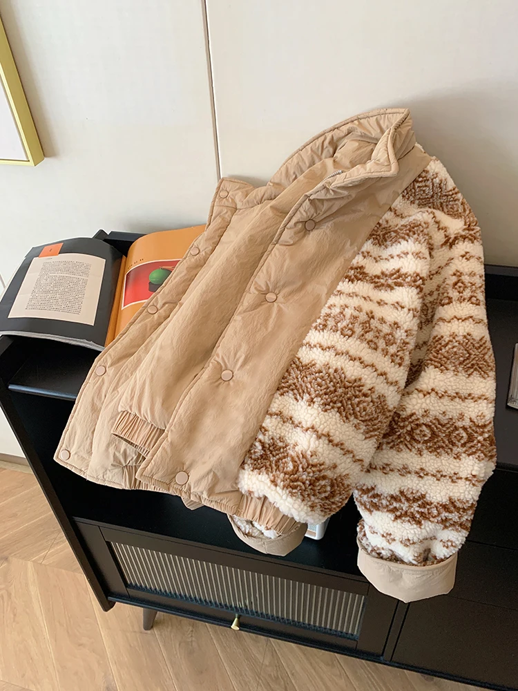 Khaki Reversible Lambhair Outerwear Women's Autumn Winter Warm Lightweight Cotton Clothes Retro Contrasting Casual Wadded Jacket