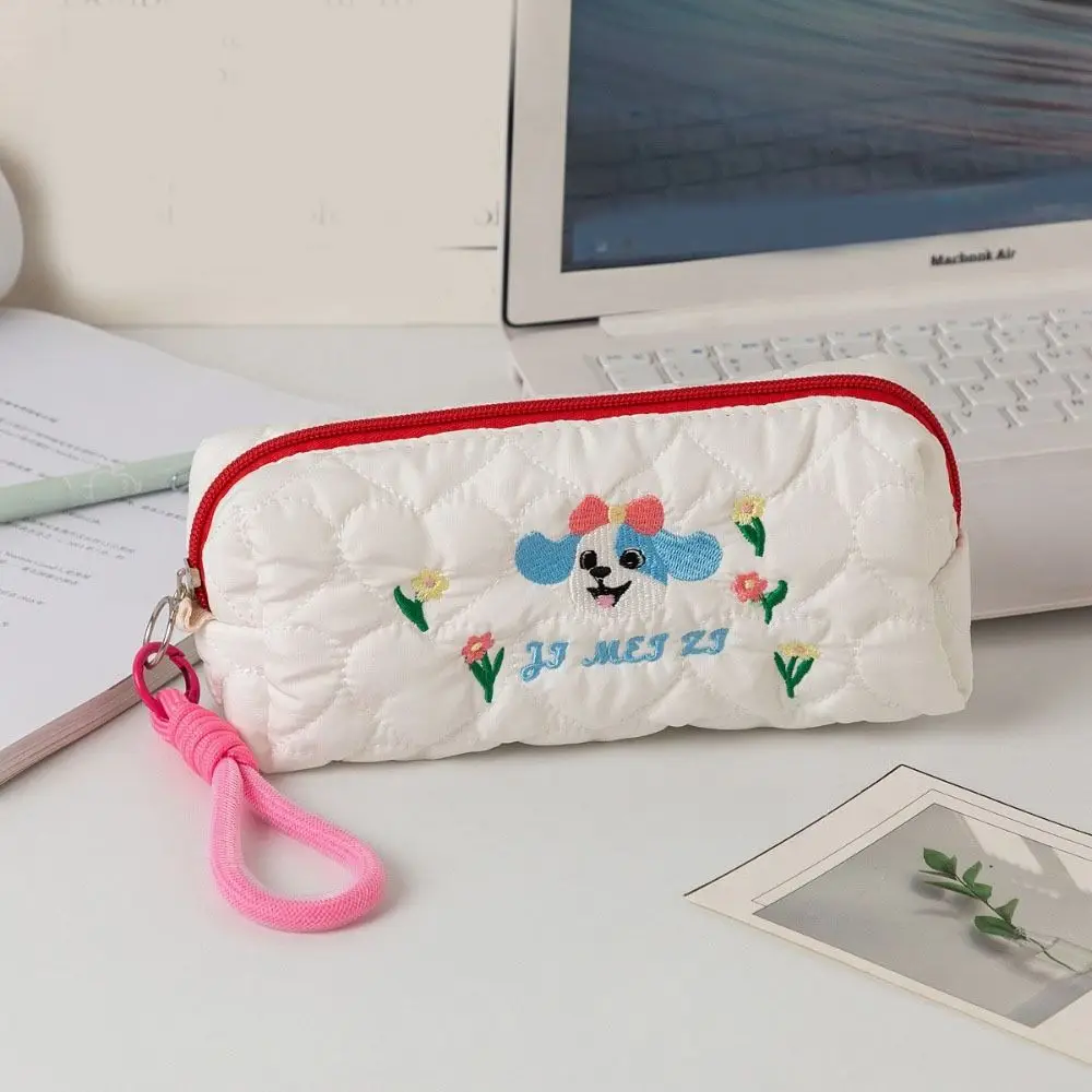 Cartoon Embroidered Dog Dog Pen Bag Large Capacity Ins Style Pencil Pouch With Pendant Rope Puppy Cosmetic Bag School Office