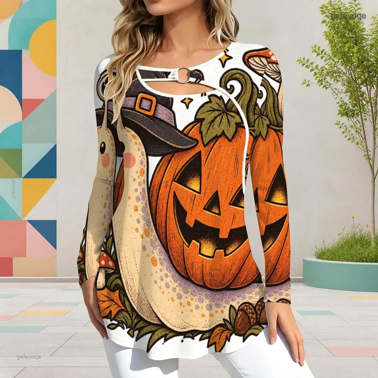 Keyhole Ring Neck Long Sleeve Flared Hem Printed Top for Women