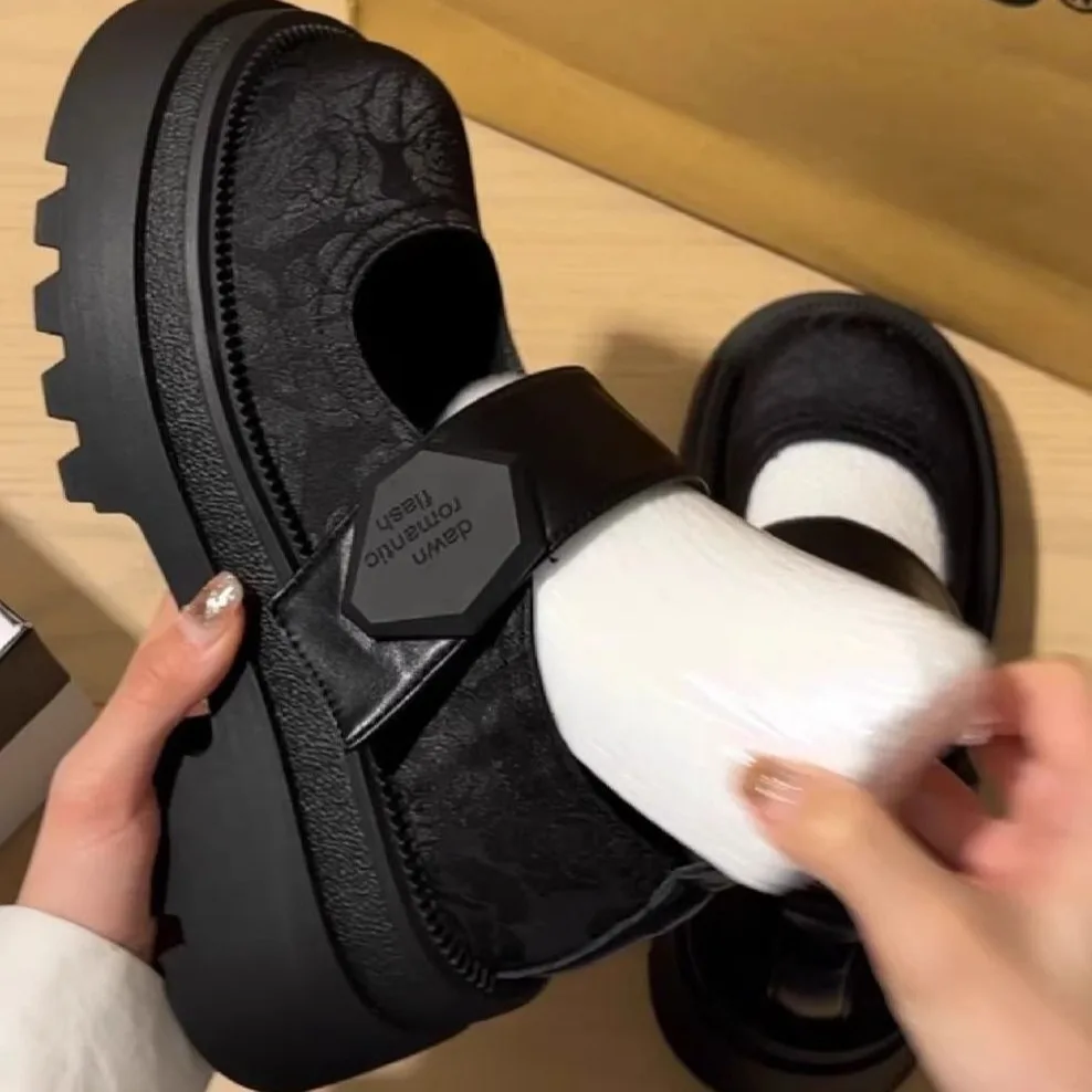 Vintage Punk Best - Selling Black Embossed Chunky Mary Janes, Velcro Strap, Ideal for Daily Streetwear