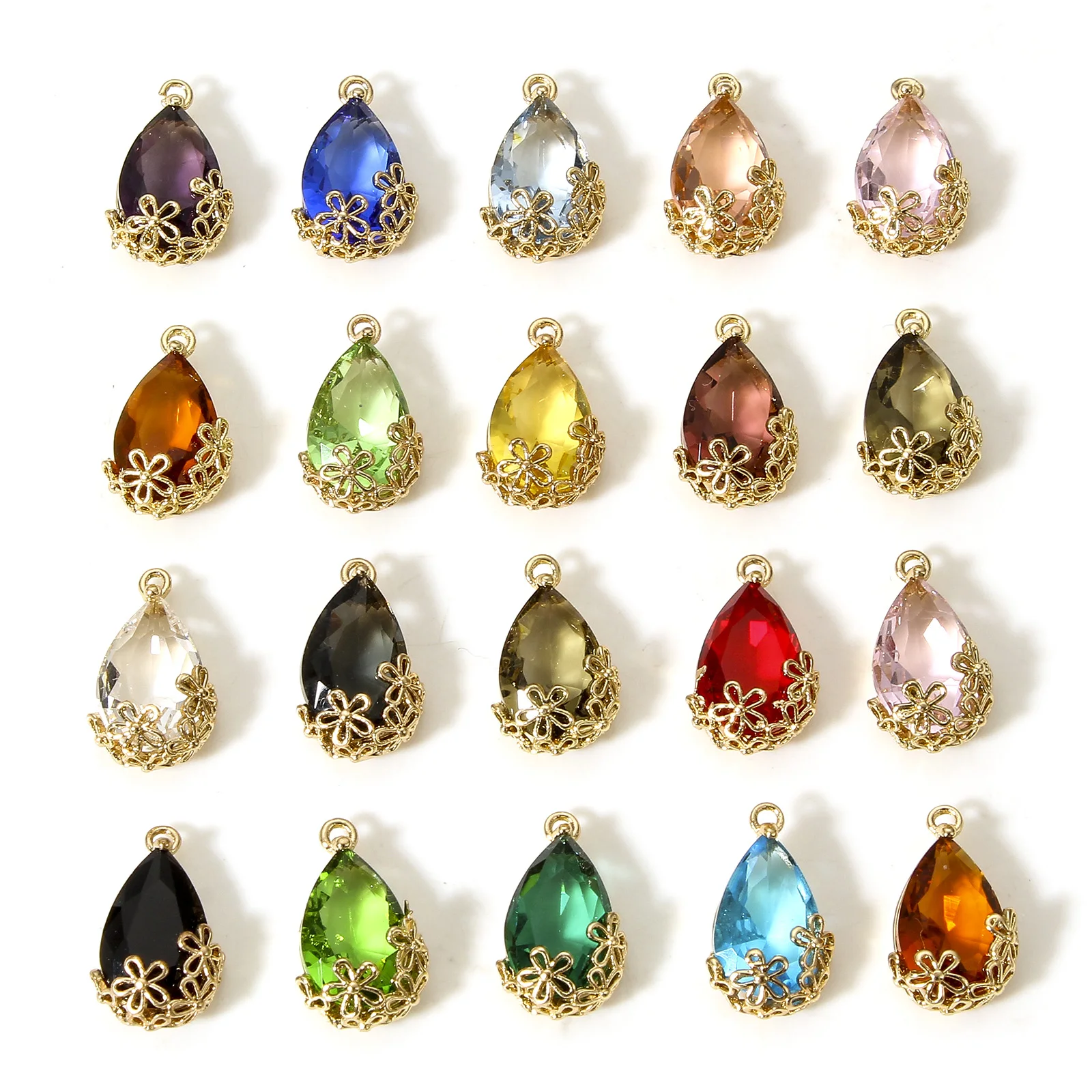 5PCs Drop Crystal Zircon Charms KC Gold Color Copper Flower Base Glass Pendants For Necklace Earring Jewelry Making Diy 16x9.5mm