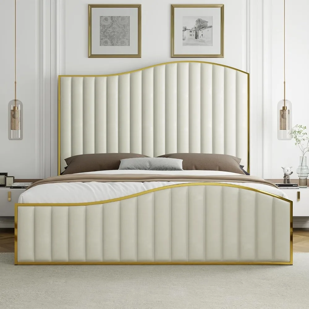 Estrutura de cama de plataforma king size, cabeceira e estribo com acabamento dourado de canal vertical/sem mola de caixa, cama estofada de veludo necessário