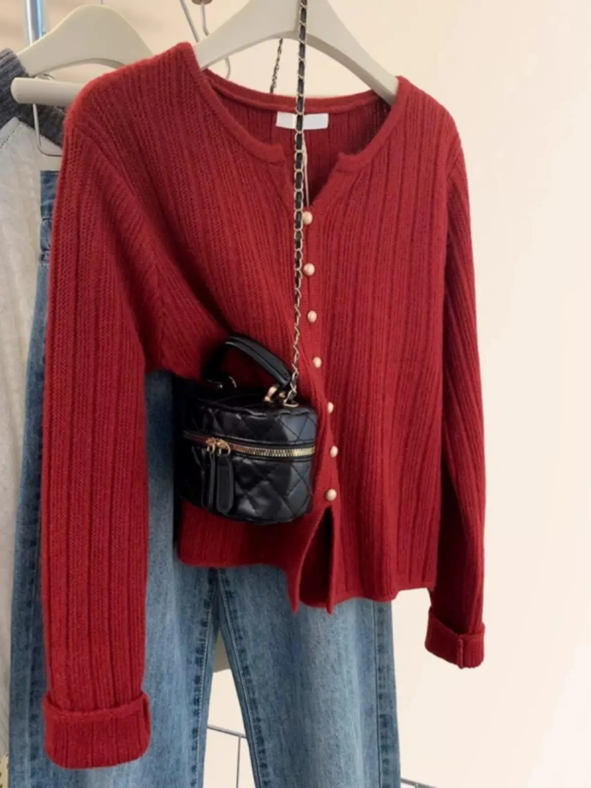 Red Knitted Camere Wool Loose Fit oulder V-Ne Sweater Women's Autumn Winter Outerwear Soft Comfortable Commute Sle