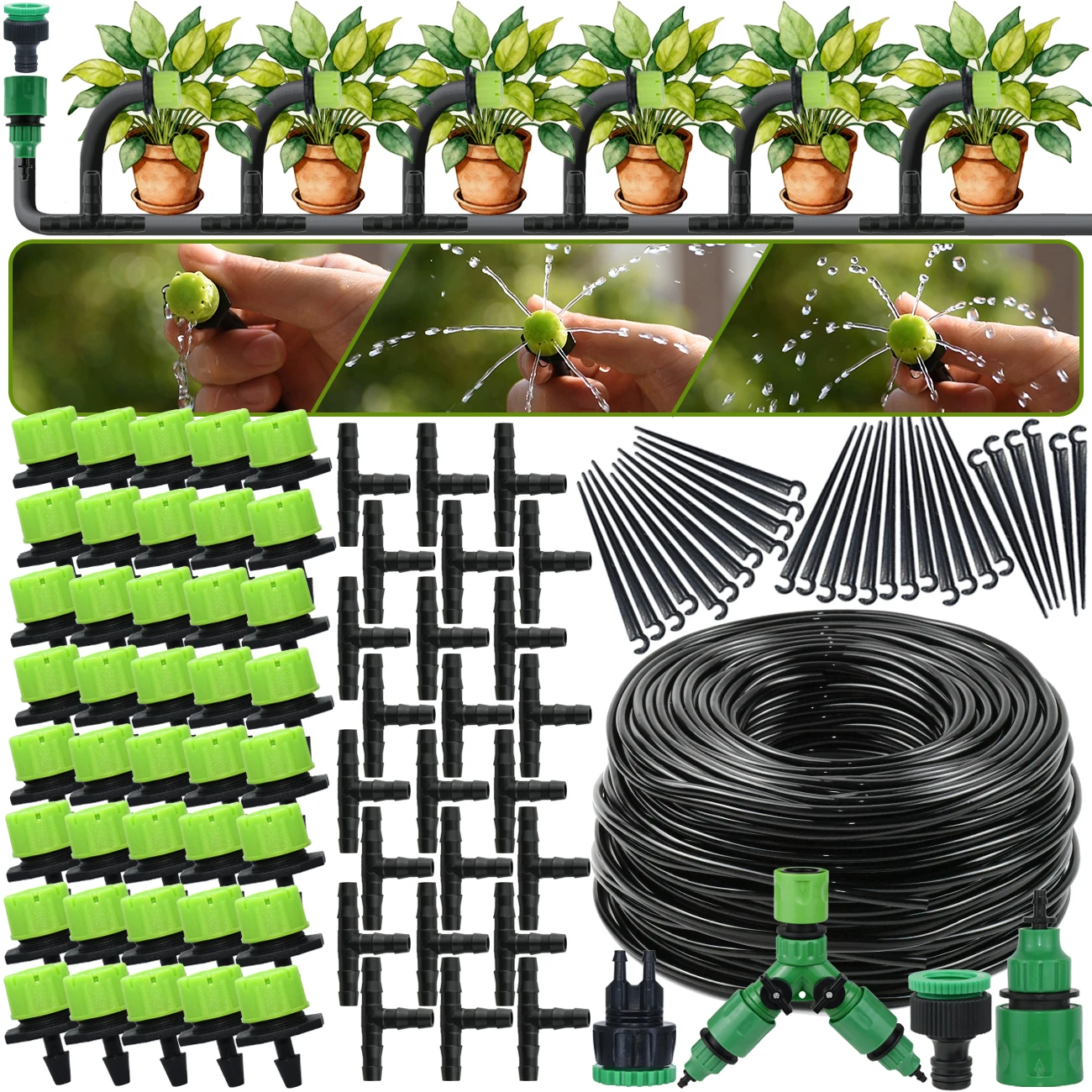 5M-30M 1/4'' Drip Irrigation Kit Hose Garden Watering System DIY Tee Connector for Balcony Bonsai Potted Flower Plant Greenhouse