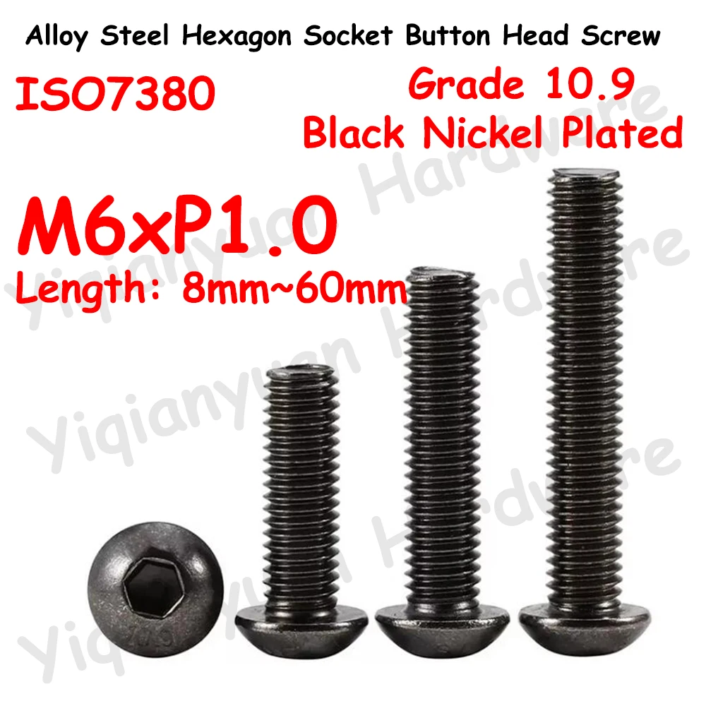 

Yiqianyuan ISO7380 M6xP1.0 Grade 10.9 Alloy Steel Hexagon Socket Round Button Head Screws Black Nickel Plated Allen Key Bolts