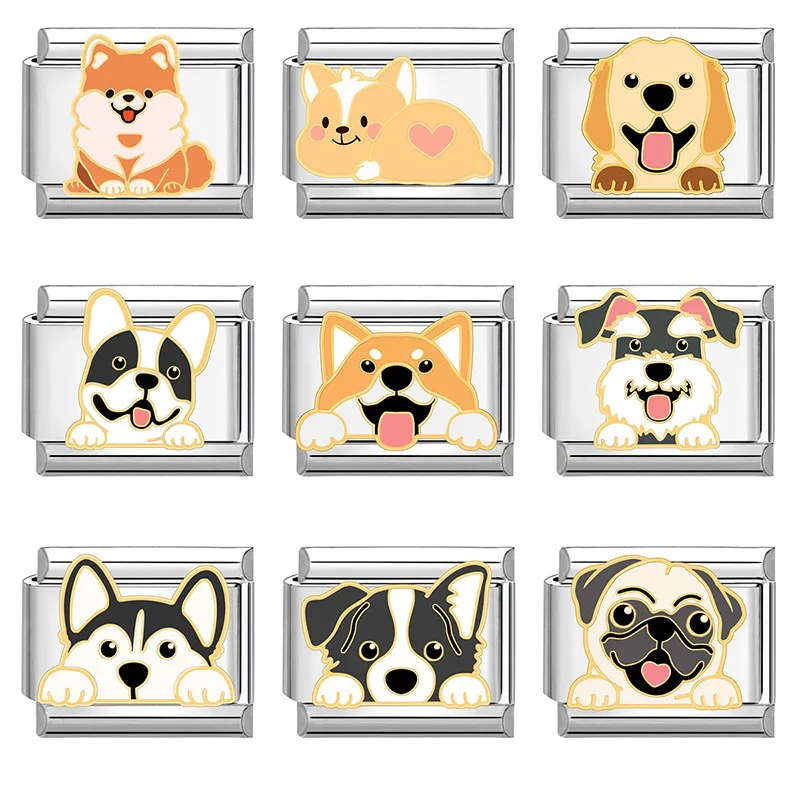 2024 Fashion New Women Cute Dog Charms Italian Links Beads Fit 9mm Stainless Steel Bracelet Making Jewelry Gift  DIY