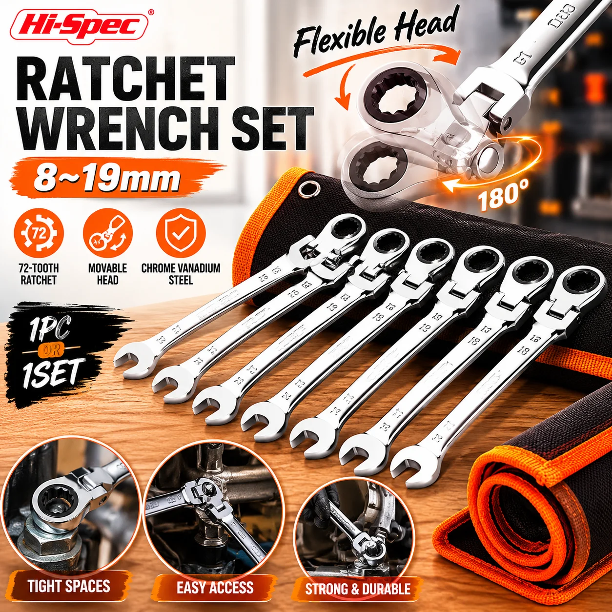 Hi-Spec Einstellbarer Drehmoment-Ratschenschlüsselsatz 8-19 mm Universalschlüssel für Fahrrad- und Motorradreparaturen Mechaniker-Werkzeugset