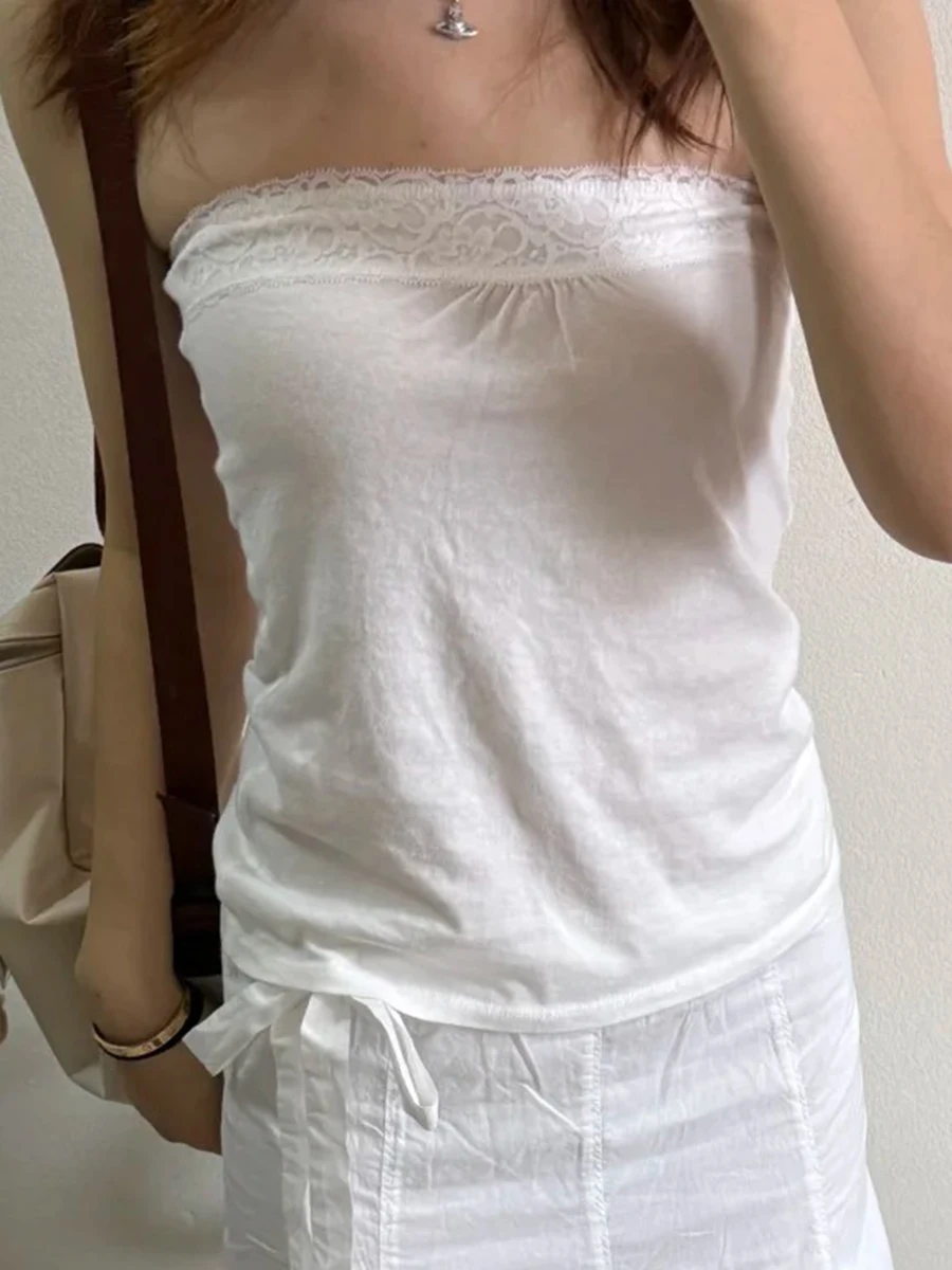 Tops sin tirantes con adornos de encaje para mujer, camisola Sexy blanca ajustada de algodón suave sin mangas, Tops de tubo elegantes y dulces Y2K