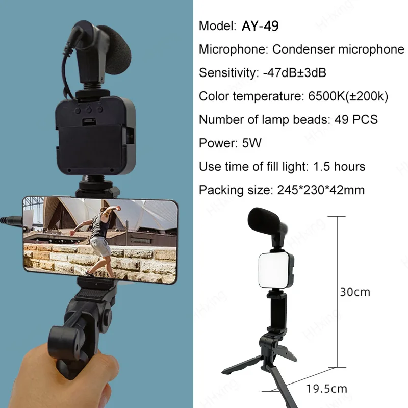 Smartphone Video Kit Microphone Bracket Photography Lighting Phone Holder LED Selfie Tripod Recording Handle Portable Stabilizer