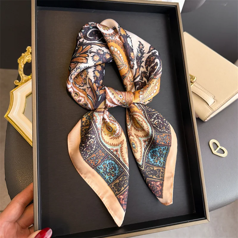 Retro-Print Seidenschal für Damen, Luxuriöser Weicher Satin-Schal, Handtaschenband, Halstuch, Wickelschal, Bandana, Haar-Hijab