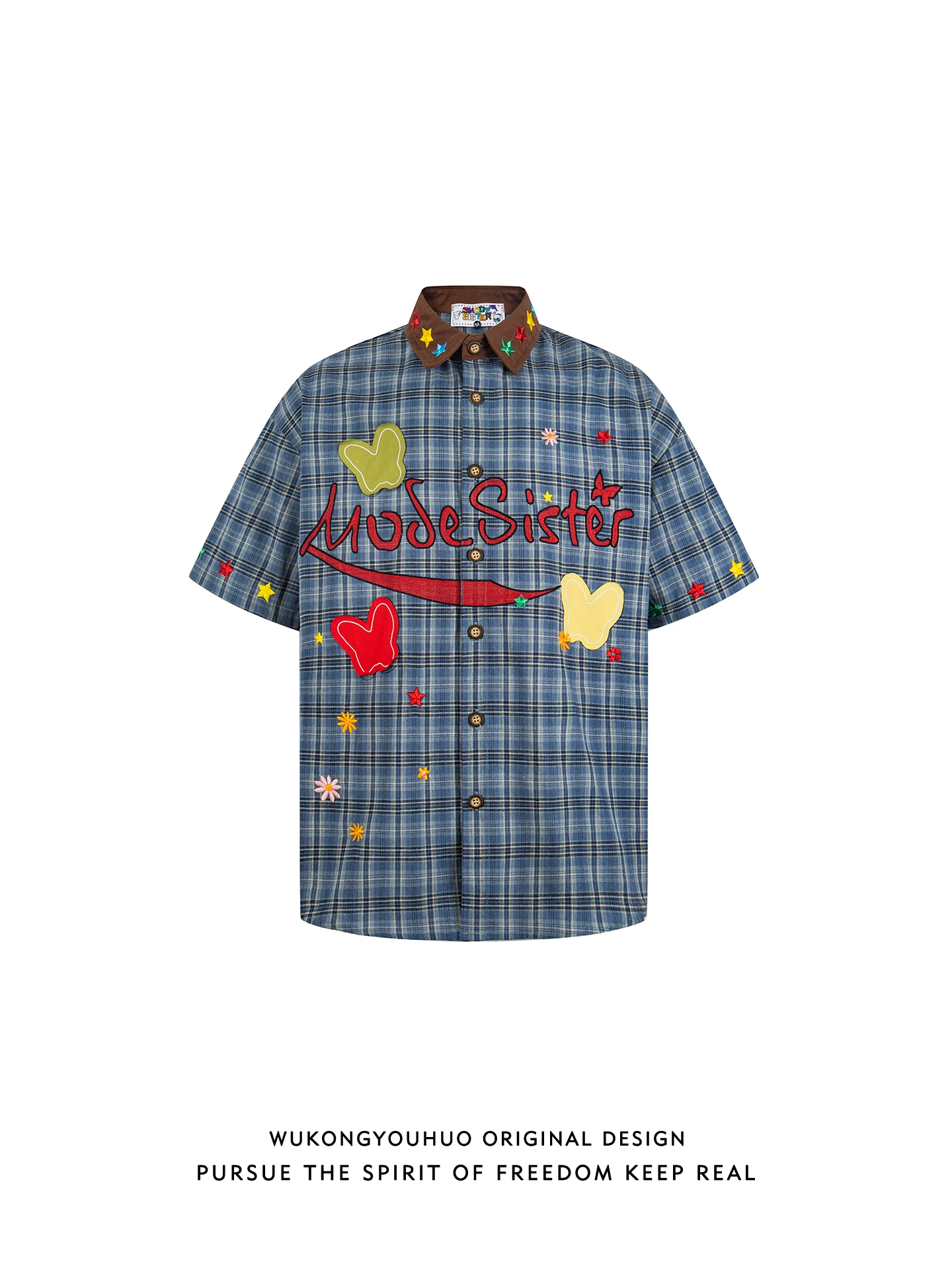 

Casual Loose ort Sve Embroidered irt ex Street Sle Heavy Stitching Plaid irt for Youth Wear Summer Season