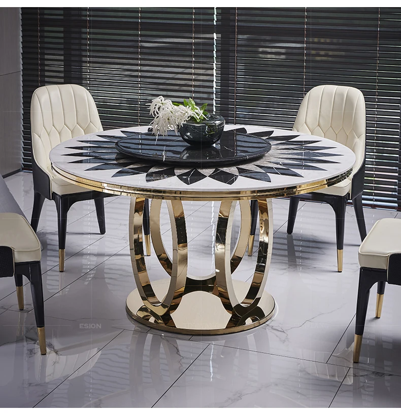 Factory Supplying Customized Marble Top Stainless Steel Restaurant Round Dining Table Tables With Rotating Centre