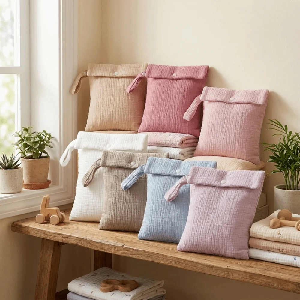 Muslin Cotton Gauze Baby Diaper Bag Solid Color Portable Travel Organizer Pouch Lightweight Multipurpose Storage Bag