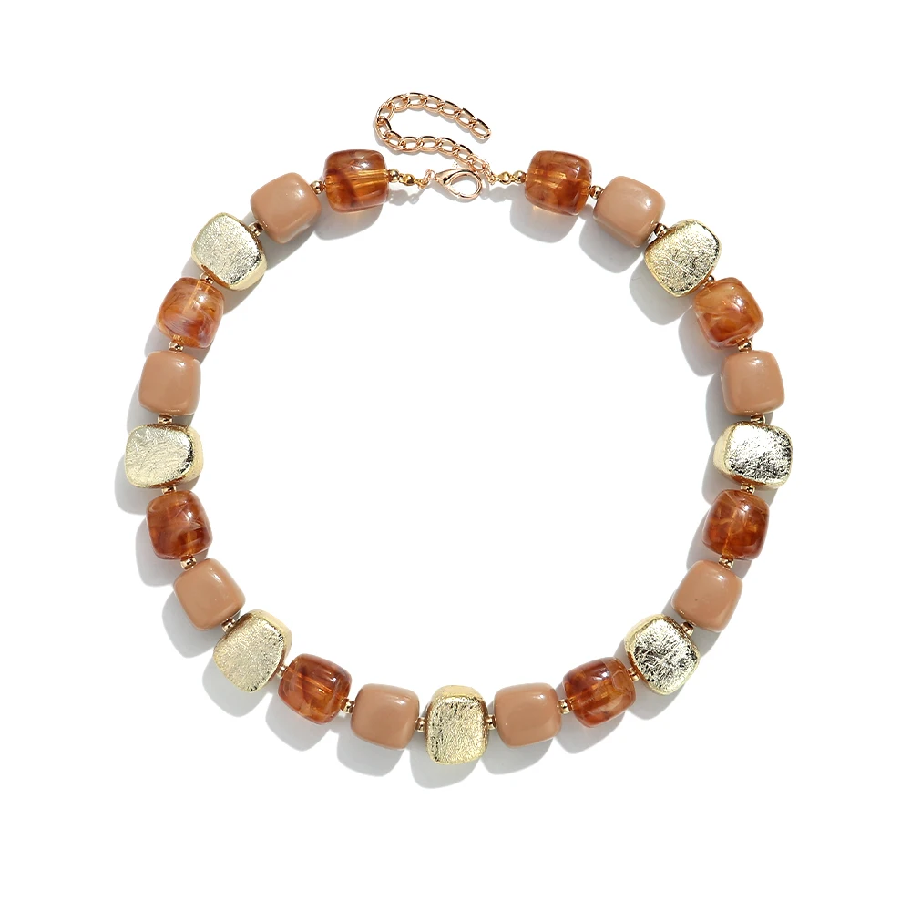 Vintage Chunky Amber Resin Bead Choker Necklace Irregular Square Matte Gold Metal Statement Collar Necklace Retro Jewelry view 5