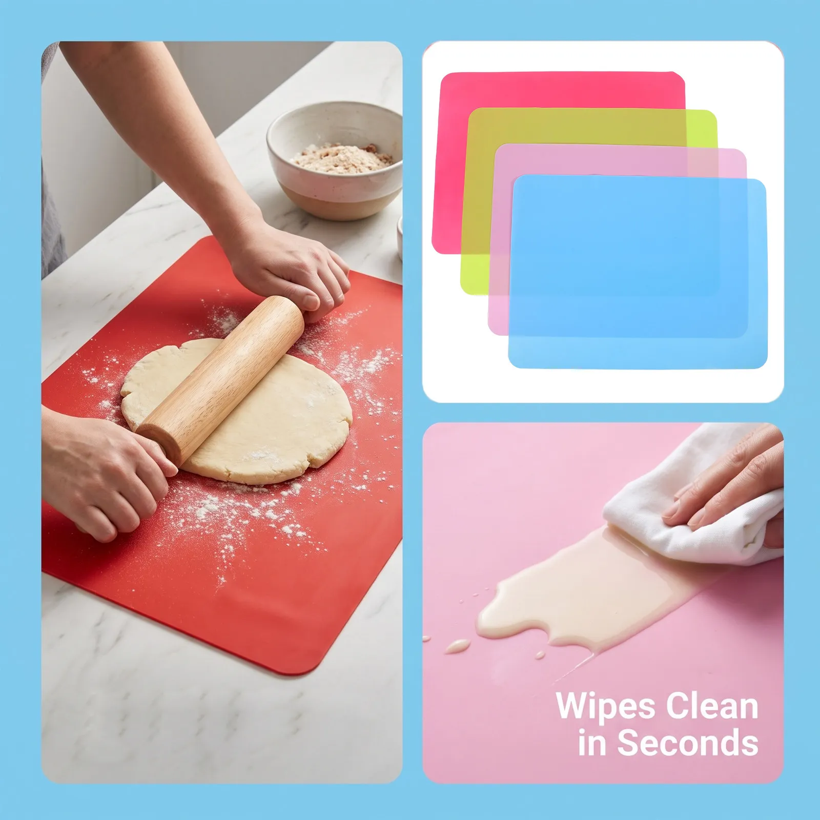 4 pcs Pastry Dough Rolling Baking Pin Kitchen Roller Pizza Halloween Christmas New Year Silicone Kneading Board Set Non-slip