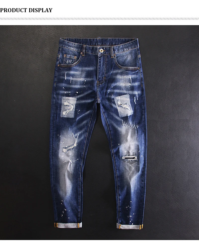  Men Dark Blue Washed Jeans Italian Designer Patch Applique Scratch Distressed Stretch Slim Fit Hip Hop Streetwear Denim Jeans