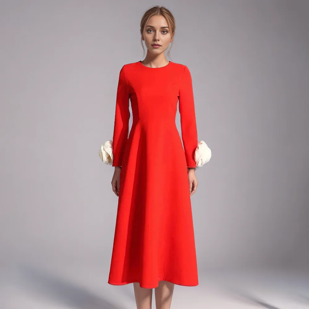 Patchwork Appliques A Line Dresses For Women Round Neck Long Sleeve High Waist Elegant Hit Color Slimming Dress Female