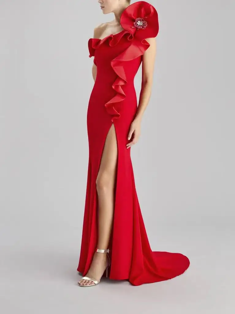 

2025 Luxury Women Summer Celebrity Sexy One Shoulder Ruffles Red Maxi Long Dress Elegant Evening Club Party Dress