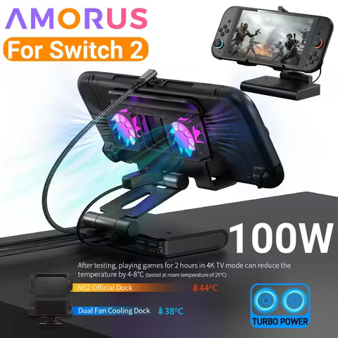 6 In 1 Fans Docking Station for Switch 2 100W Adjustable Stand HDMI 4K Multi Port Dock For ROG Ally / Ally X / Steam Deck