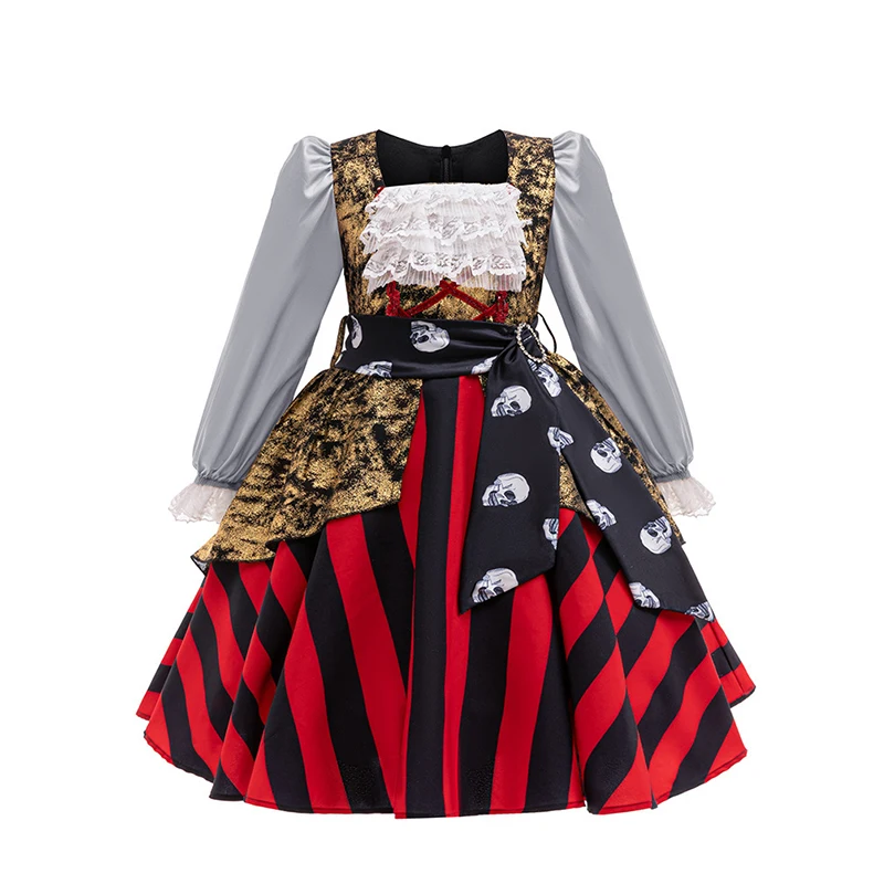 Boys Girls Pirate Fancy Dress Set Girls Striped Gown Boys Skull Vest Pants for Halloween Cosplay Birthday Carnival School Party
