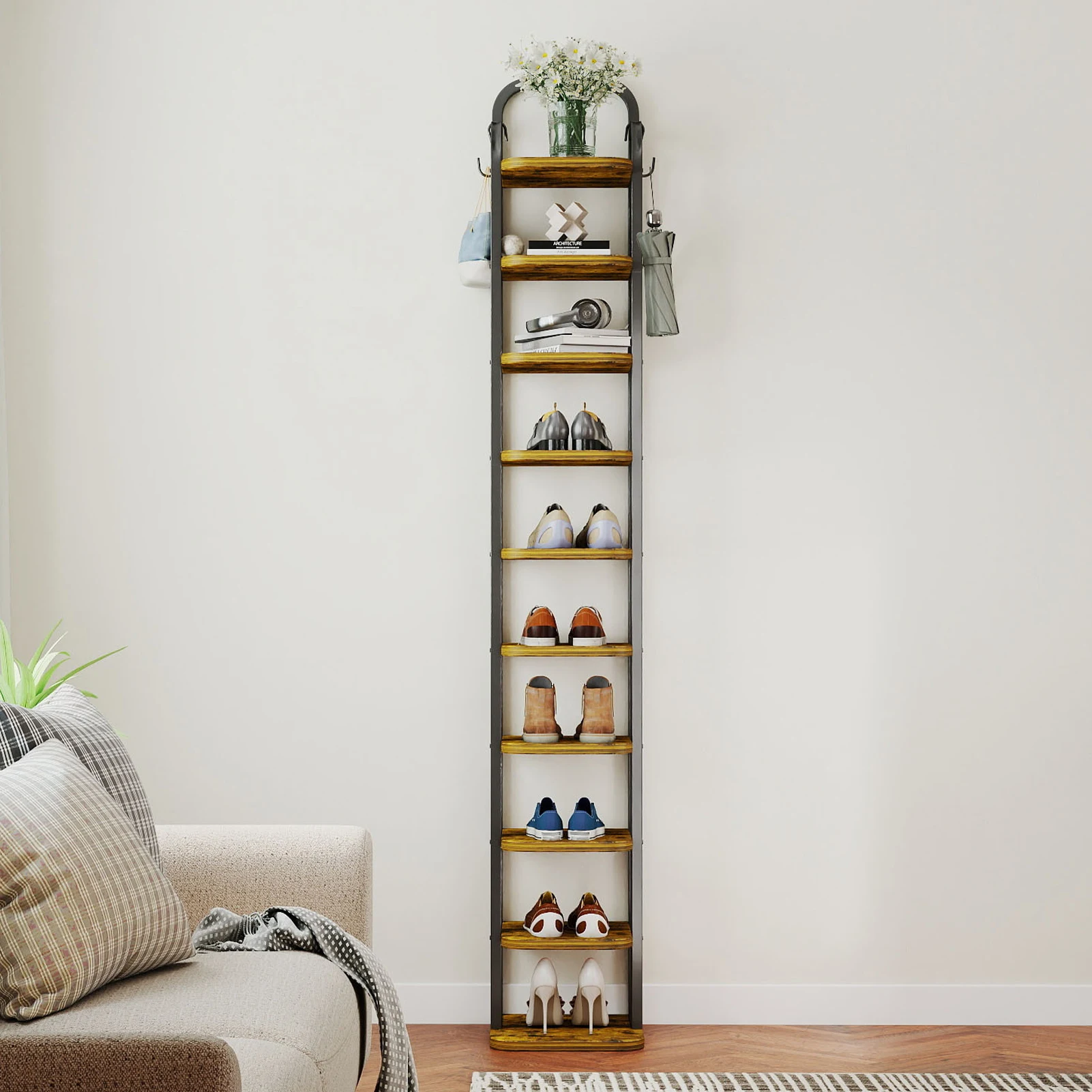 

10 Tiers Vertical Tall Narrow Corner Shoe Rack Adjustable Shoe Shelf Storage Organizer with 2 Hooks for Entryway Hallway Bedroom