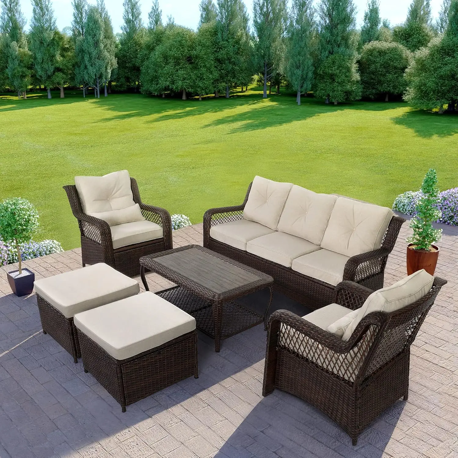 

Wicker Outdoor Patio Furniture Set, Patio Conversation Sets, Sectional Rattan Sofa Chairs, Coffee Table, High Back, 6 Pcs