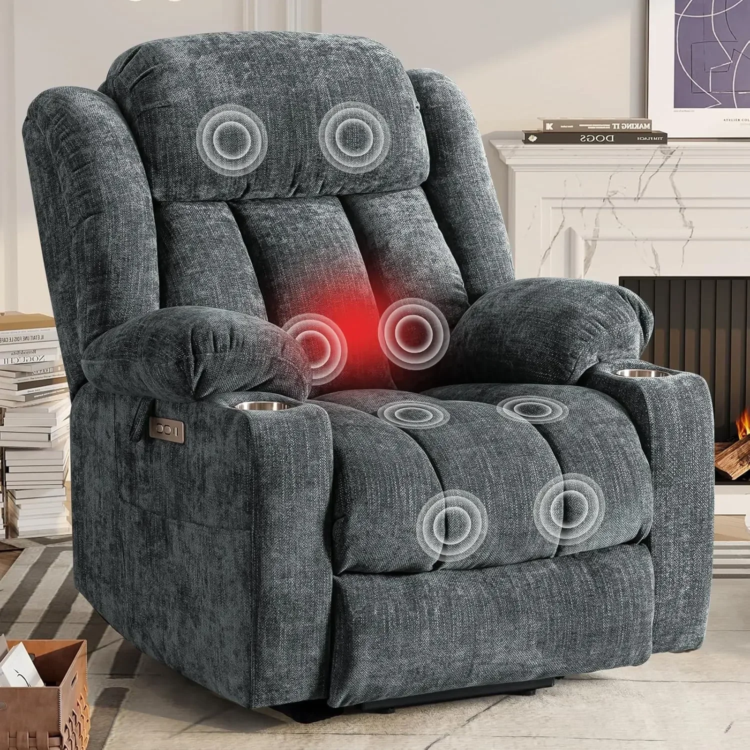 Large Power Lift Chairs Recliners for Elderly with Heat ＆ Massage, Upgraded Chenille,USB-A＆C,Cup Holder, Side Pocket, Grey Blue