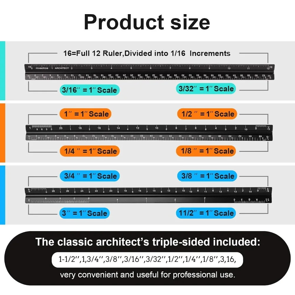 Precision Aluminum Architect Scale Ruler - 12 Inch Imperial, Laser Etched, Black