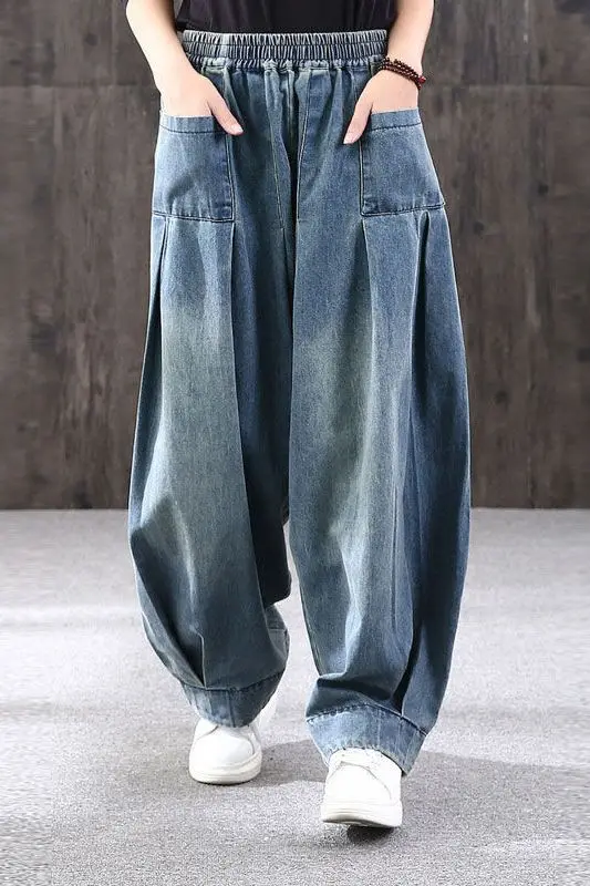 

Новые модные мешковатые джинсы большого размера, женские джинсовые повседневные брюки через плечо, женские винтажные шаровары, брюки 2025, широкие джинсы для мам Wh18